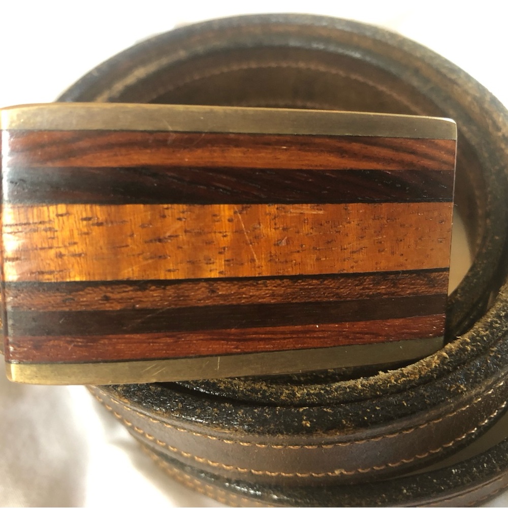 Vintage Kenneth Reid Wood/Brass mid century Belt Buckle and belt Sz